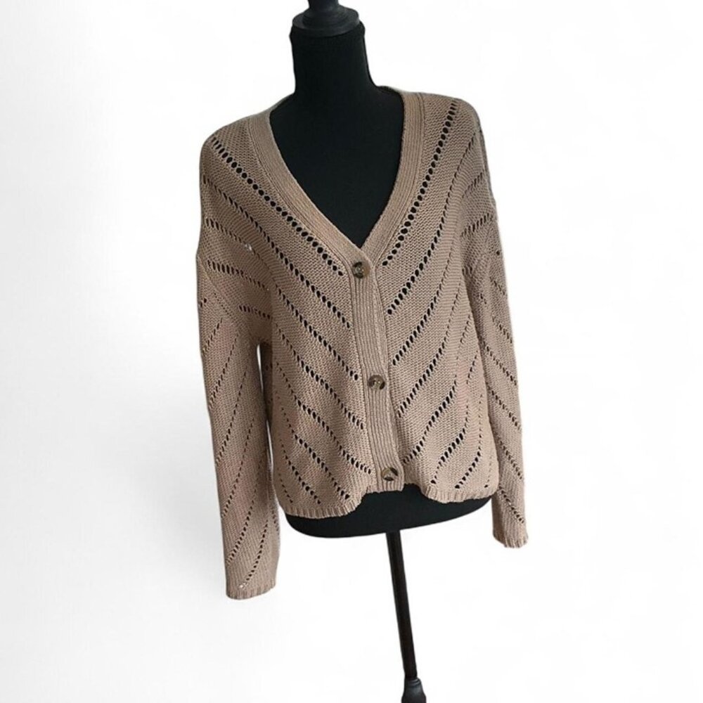 RD Style Tan Open Knit Cardigan‎ Size Large Lightweight Boho Chic